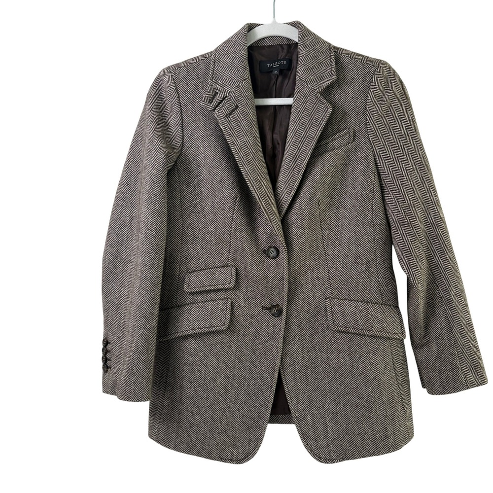 Talbots Herringbone Blazer Petite 6 6P Brown Wool Blend Two Button Suit Jacket